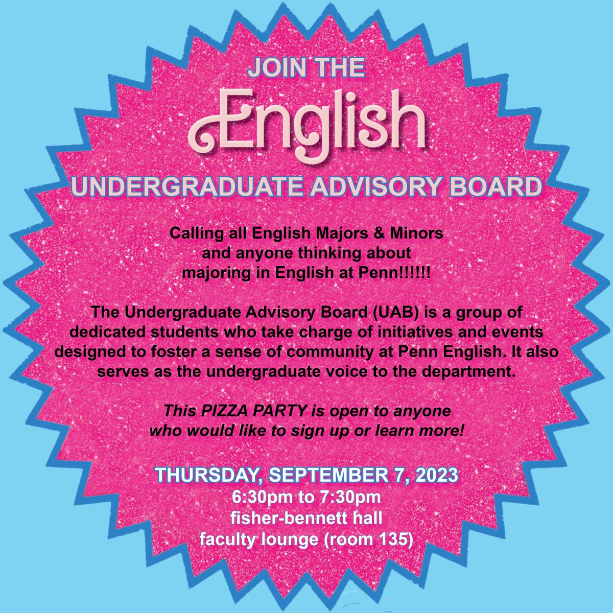 PennEnglish's tweet photo. Hi Penn!

Join us for pizza and water ice on Thursday, September 7th—and learn more about the English Undergraduate Advisory Board https://t.co/AWLh4Wzema