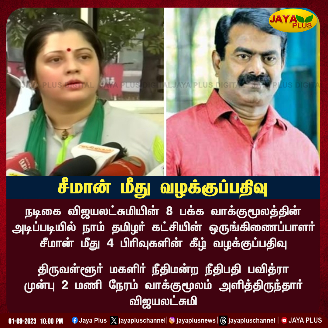 jayapluschannel's tweet image. நாம் தமிழர் கட்சியின் ஒருங்கிணைப்பாளர் சீமான் மீது 4 பபிரிவுகளின் கீழ் வழக்குப்பதிவு..

@Seeman4TN #CaseRegistered #Vijayalakshmi #Actress #statement #Seeman #Jayaplus