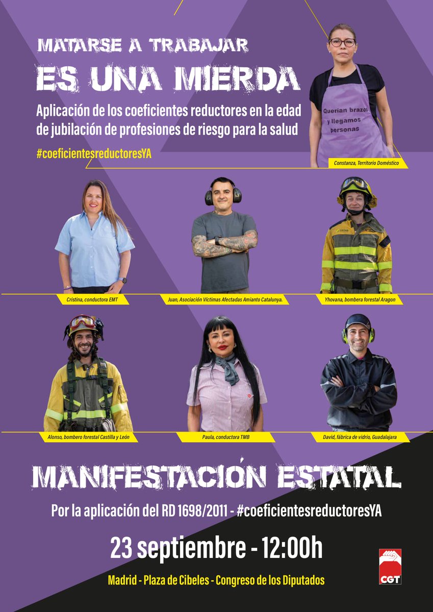 FETAPCGT's tweet photo. 23 d septiembre, 12.00h, Cibeles (Madrid)
Manifestación estatal d @CGT x la aplicación d los coeficientes reductores en la edad d jubilación d profesiones en riesgo para la salud
#CoeficientesReductoresYA https://t.co/yYuoOvNAlL