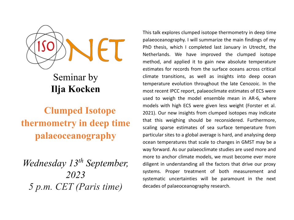 IsoNetECR's tweet image. 🚨Get ready! 📷 On September 13th (Wednesday) at 5 p.m. CET/11 a.m. EST Dr. Ilja Kocken will discuss Clumped isotope thermometry in deep time palaeoceanography.📷📷