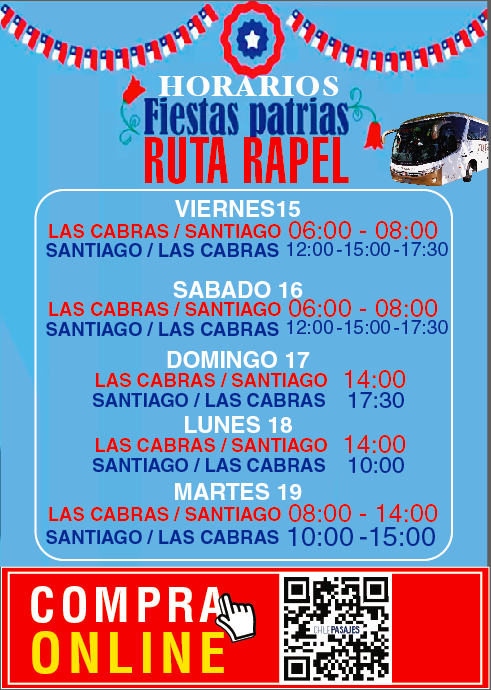 ruta_bus78's tweet photo. 🇨🇱🇨🇱🇨🇱HORARIOS RUTA RAPEL FIESTAS PATRIAS🇨🇱🇨🇱🇨🇱 https://t.co/vkrMAmhlu0