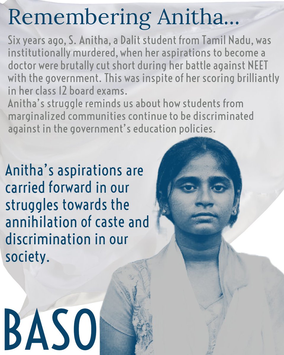 apeksha_9's tweet photo. Anitha’s struggle reminds us about how students from marginalized communities are discriminated against in the government’s education policies.Her aspirations are carried forward in our struggles towards the annihilation of caste in society.
#RejectNEET
#JusticeForAnitha
#baso https://t.co/Dl1b9lfiJ6