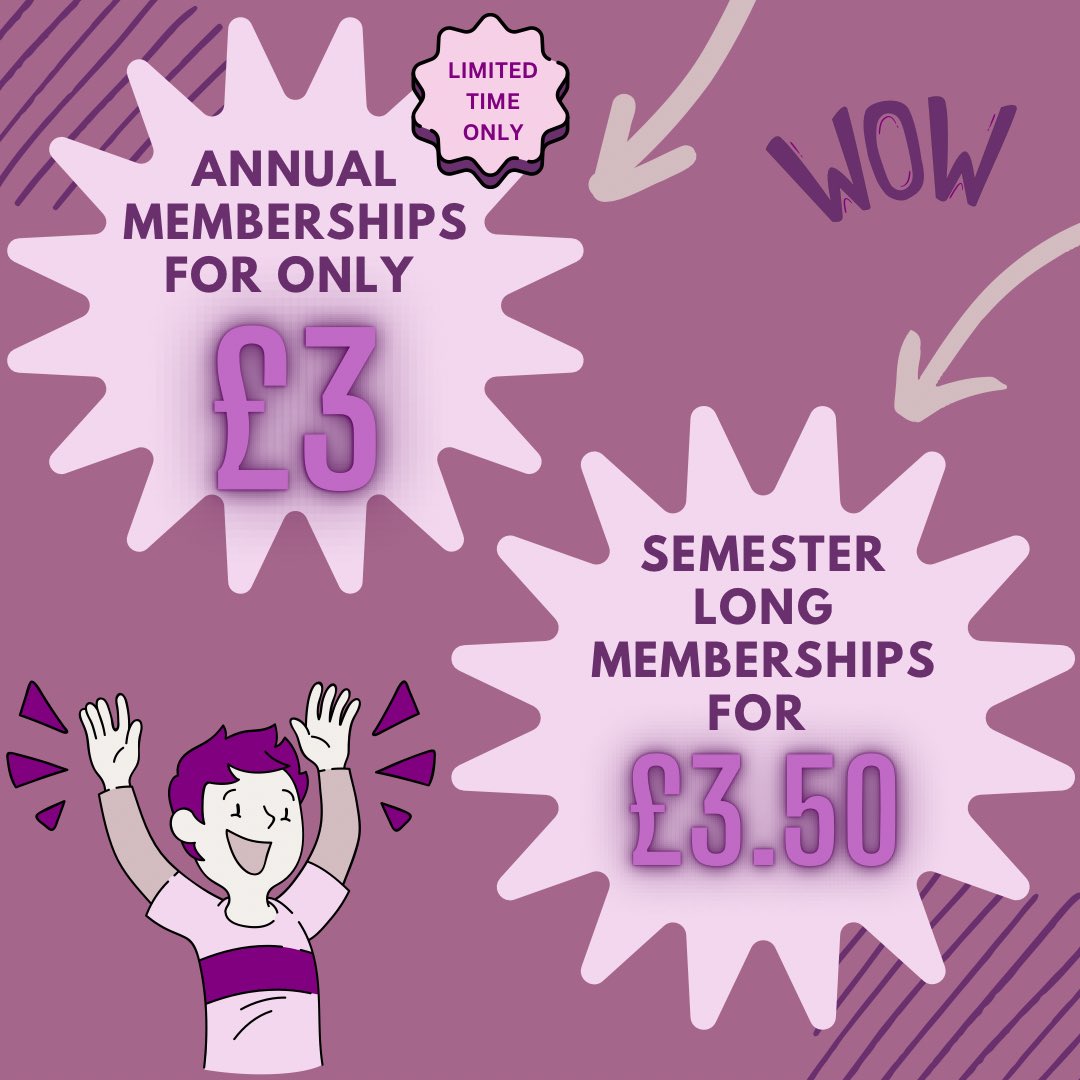 Don’t miss our Limited Time Welcome Offer Sale!🥳 Secure your annual membership at a discounted price of £3, that’s 50% off. Available from September 1st to October 1st (23:59). Consider our semester long memberships for only £3.50. To sign up head over to qmsu.org/groups/8751/