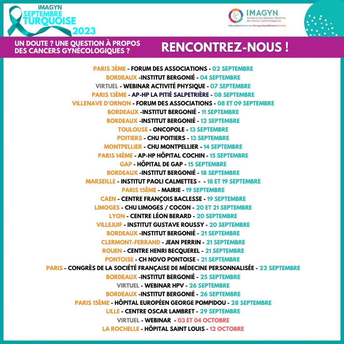 💙#SeptembreTurquoise💙
L’occasion de s'informer sur ces cancers, leur #dépistage, leurs #symptômes et leurs traitement. La sensibilisation est la 1ère étape de la #prévention... et nous serons à vos côtés - Ne restez pas seule ! Une question, un doute 👉 venez nous rencontrer 🤝