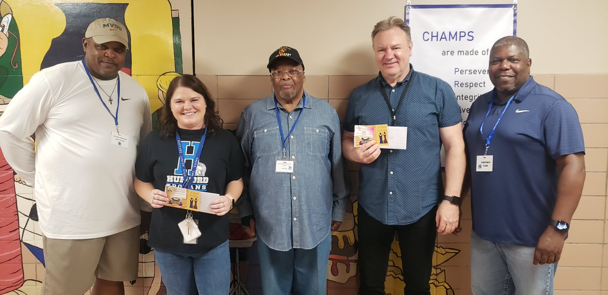 HuffordD86's tweet photo. A BIG Thank You to Jerry Adams (Anthony Nichols and Oliver Harper), the deacon from New Covenant Worship Center in Joliet.  They wanted to bless 5 of our teachers today with $100 donation.  When they arrived today, they told us they were able to do this with 10 teachers! #Hufford https://t.co/Lyn1gUNzEC