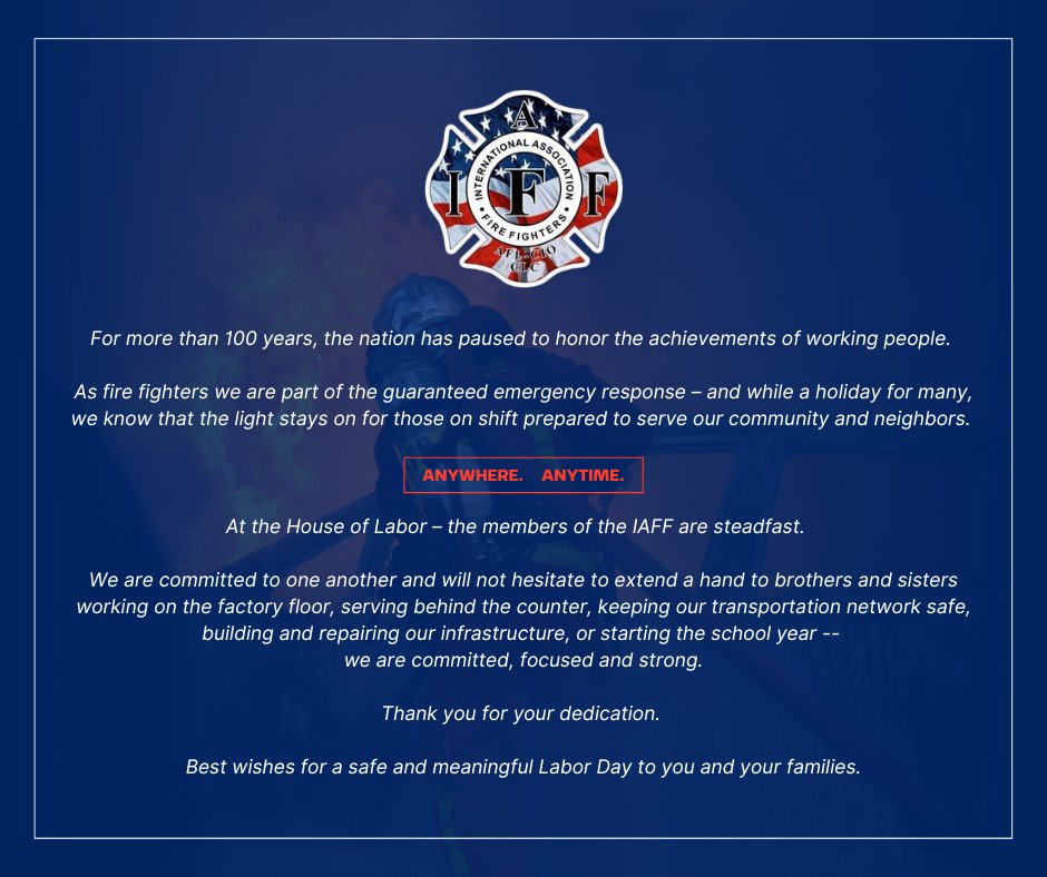 NYSPFFA (@nyspffa) on Twitter photo A Labor Day Message from the New York State Professional Fire Fighters.
Be safe. And Be Strong.
@IAFFOfficial
<a href="/NYSAFLCIO/">NYS AFL-CIO // #UnionStrong</a> A Labor Day Message from the New York State Professional Fire Fighters.
Be safe. And Be Strong.
@IAFFOfficial
<a href="/NYSAFLCIO/">NYS AFL-CIO // #UnionStrong</a>
