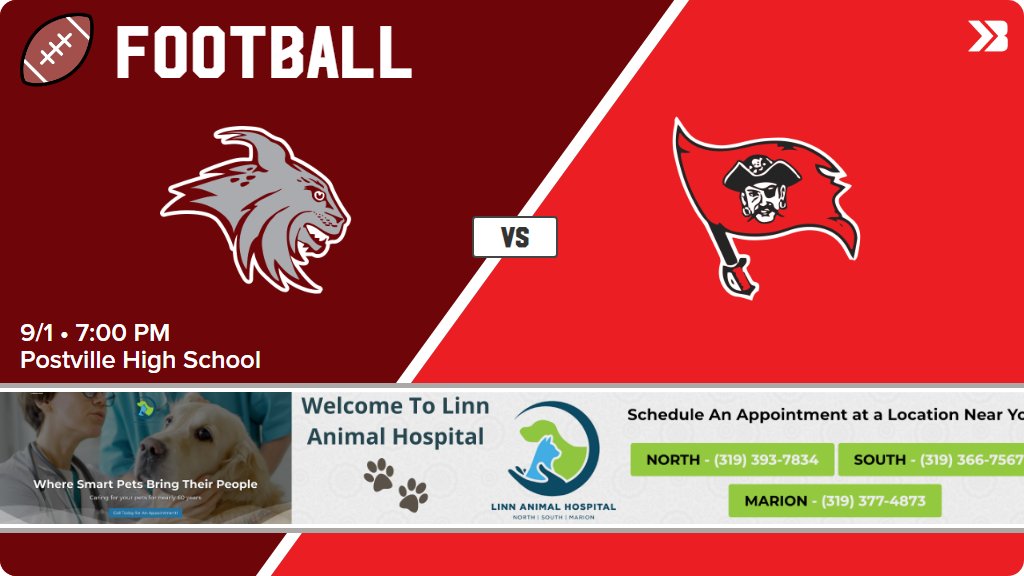 Football (Varsity) Game Day! - Check out the event preview for the The North Linn Lynx vs the Postville Pirates. It starts at 7:00 PM and is at Postville High School. gobound.com/ia/ihsaa/footb…