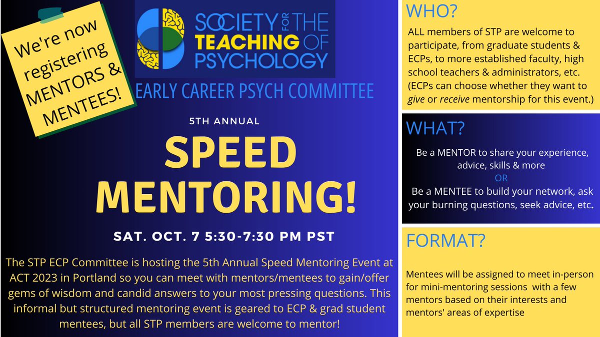 The @STP_ECP committee is excited for our upcoming 5th Annual Speed Mentoring Event taking place this October at ACT in Portland. We are currently recruiting MENTORS and MENTEES!! 
Mentor registration: forms.gle/jMJabDMVMB1oyX…
Mentee registration: forms.gle/HdA1pBBWuNb9ai…