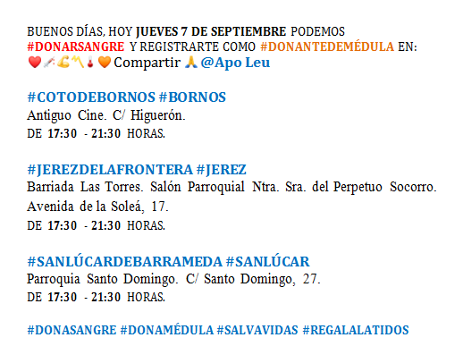 ApoLeuJerez's tweet photo. JUEVES 7 DE SEPTIEMBRE PUEDE #DONARSANGRE Y REGISTRARSE COMO #DONANTEDEMÉDULA
@ApoLeu EN ❤️💉💪〽️🌡🧡 RT🙏

#BORNOS #COTODEBORNOS
@AytoBornos @guadabornos @reylabert @CrisPasReal @IUBornos @carolina_gemela @noemi_palomares @Cristinagemely 

#DONASANGRE #DONAMÉDULA #SALVAVIDAS https://t.co/KjTCzoN0Mg