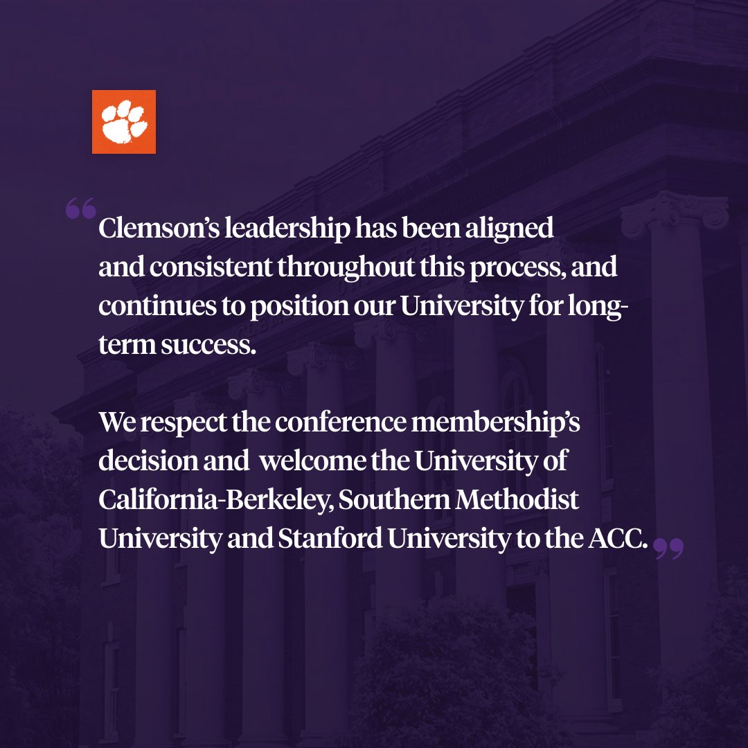 ClemsonTigers's tweet photo. University statement on ACC Expansion:

We welcome University of California-Berkeley, Southern Methodist University and Stanford University to the conference. https://t.co/UTcubUeU6B