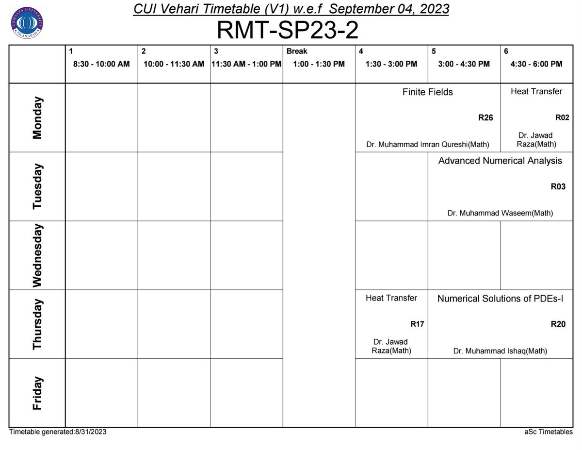 CUMathVhr's tweet photo. Timetable MS Mathematics Fall 2023, Department of Mathematics, COMSATS University Islamabad, Vehari Campus https://t.co/JYi0hqNH2X
