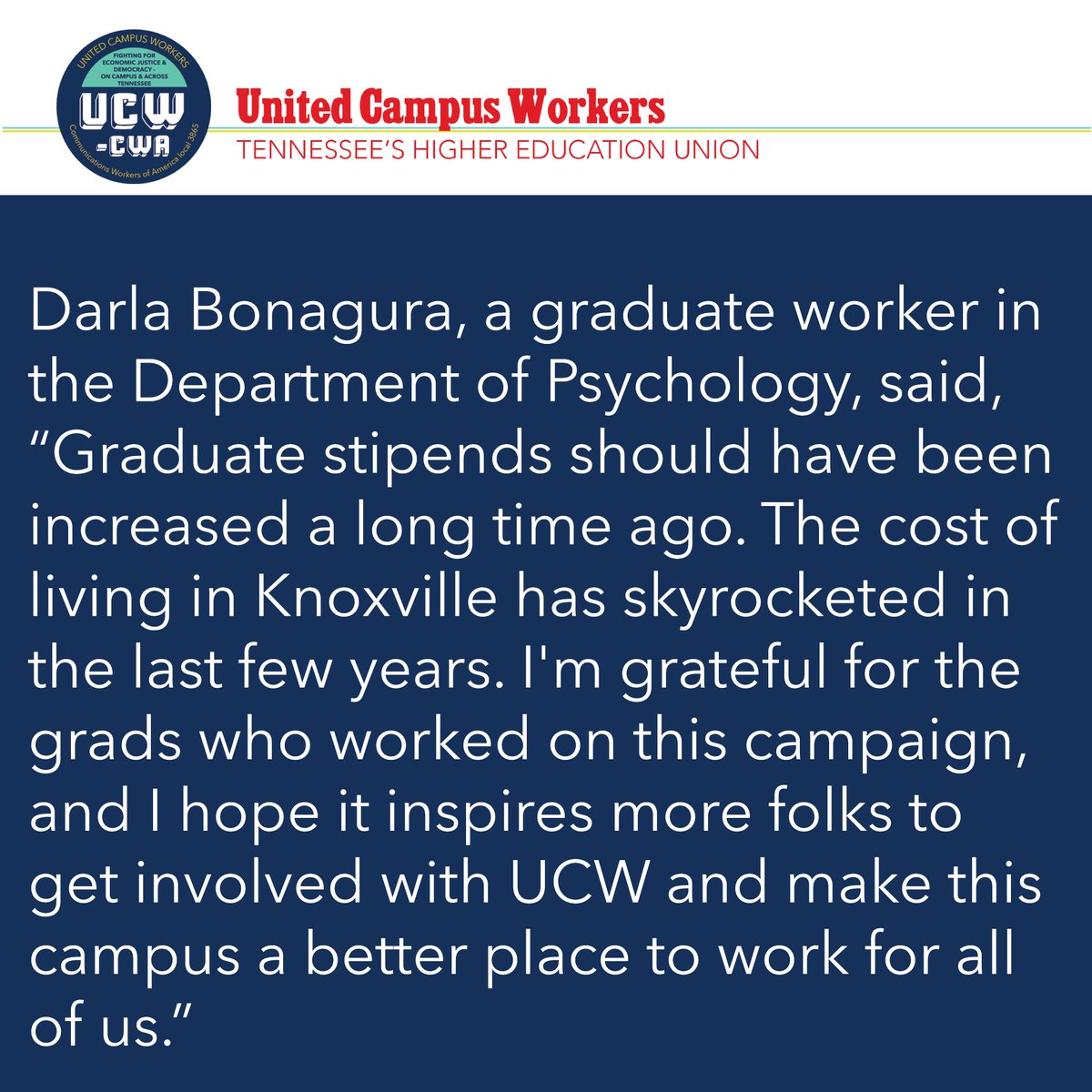 UCWCWA's tweet photo. UTK Graduate Workers Win Stipend Increases Knoxville, TN - After a six-month campaign by the United Campus Workers, on Thursday, August 31, (1/15) https://t.co/bPbO5VIZe5