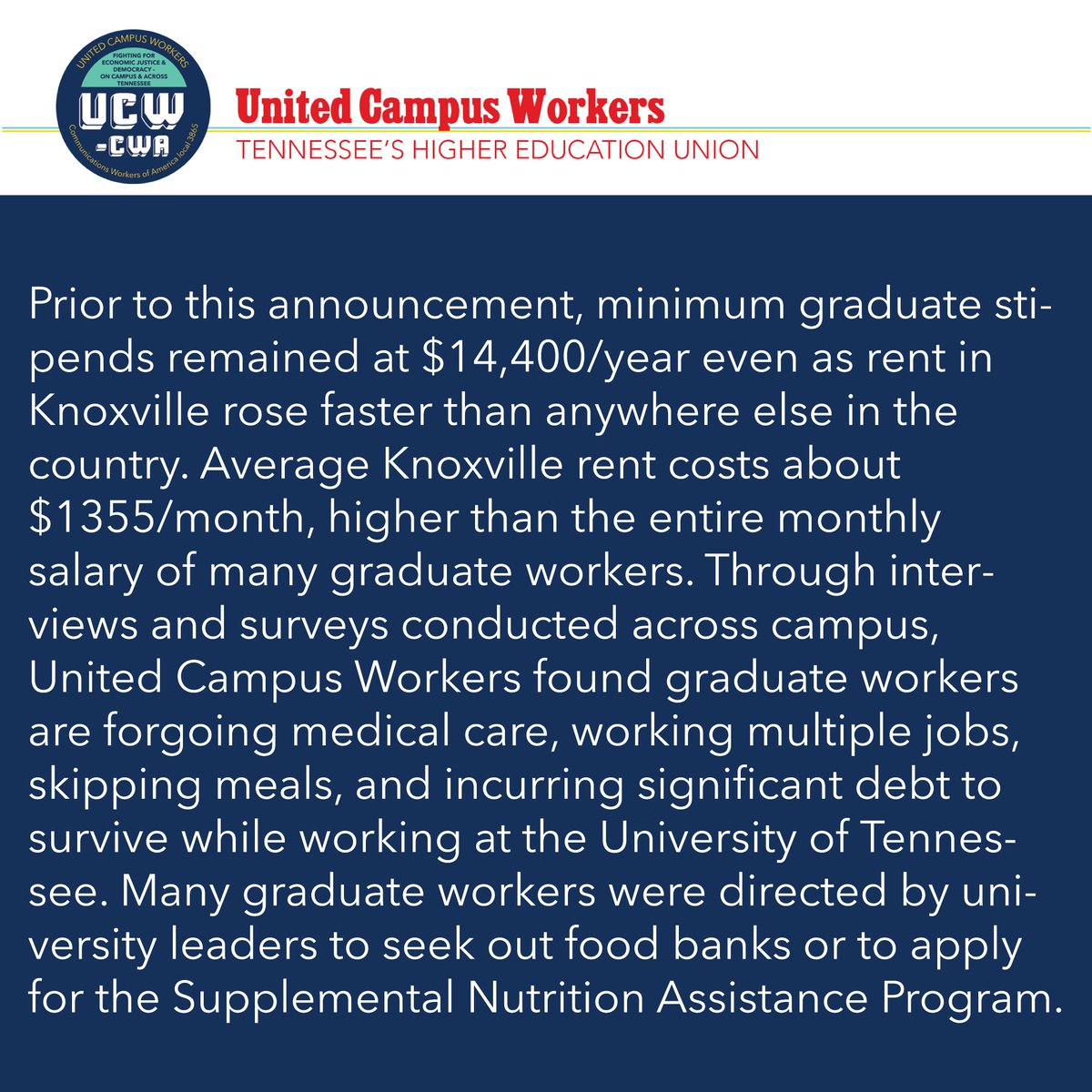 UCWCWA's tweet photo. UTK Graduate Workers Win Stipend Increases Knoxville, TN - After a six-month campaign by the United Campus Workers, on Thursday, August 31, (1/15) https://t.co/bPbO5VIZe5