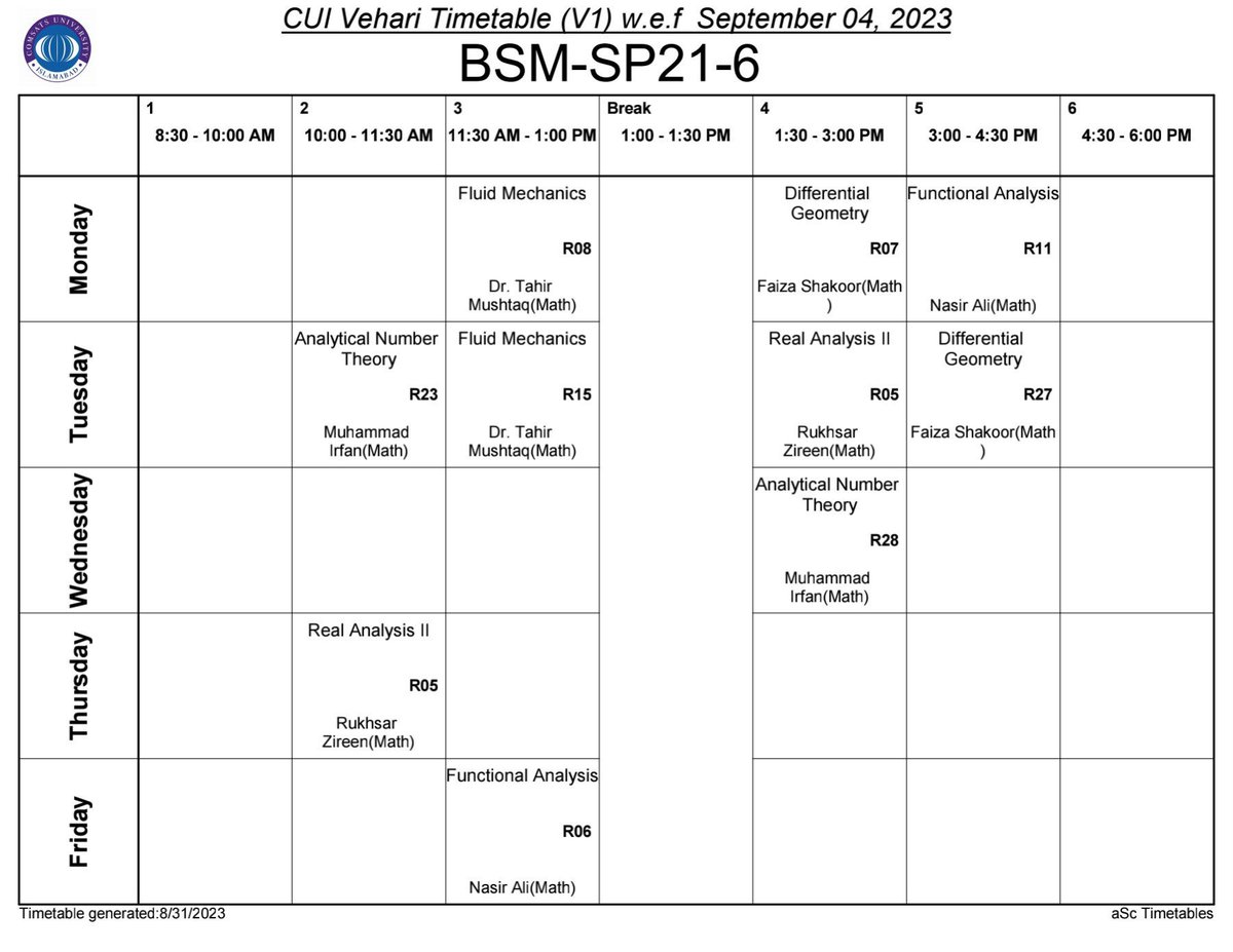 CUMathVhr's tweet photo. Timetable BS Maths Fall 2023, Department of Mathematics, COMSATS University Islamabad, Vehari Campus https://t.co/f5Ehy79GAK