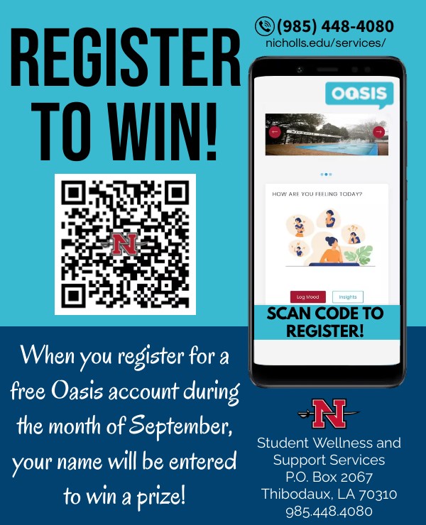 NichollsUcc's tweet photo. Sign up for Oasis, our free mental health platform! Be on the lookout for the app to be released soon. 

We will hold a drawing at the beginning of October for all new September subscribers! 

Sign up by scanning the QR code or going to https://t.co/HcuMt8cgMN. 

#oasis #nicholls https://t.co/TOB6cSdz5V