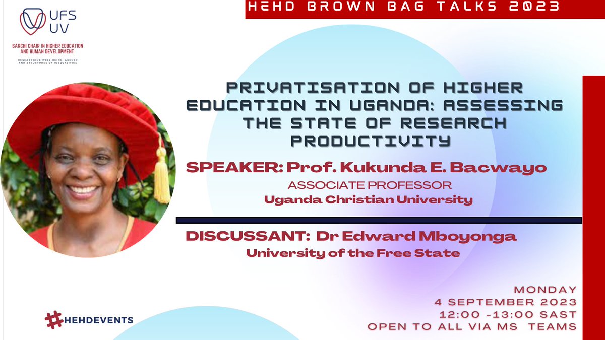 Join us on Monday 4th Sept 2023 for our Brown Bag Talk! Topic: 'Privatisation of Higher Education in Uganda....' Speaker: Prof. Kukunda E. Bacwayo_ Uganda Christian University / Discussant: Dr. Edward Mboyonga @EdwardMboyonga Join via MS Teams link: teams.microsoft.com/l/meetup-join/…