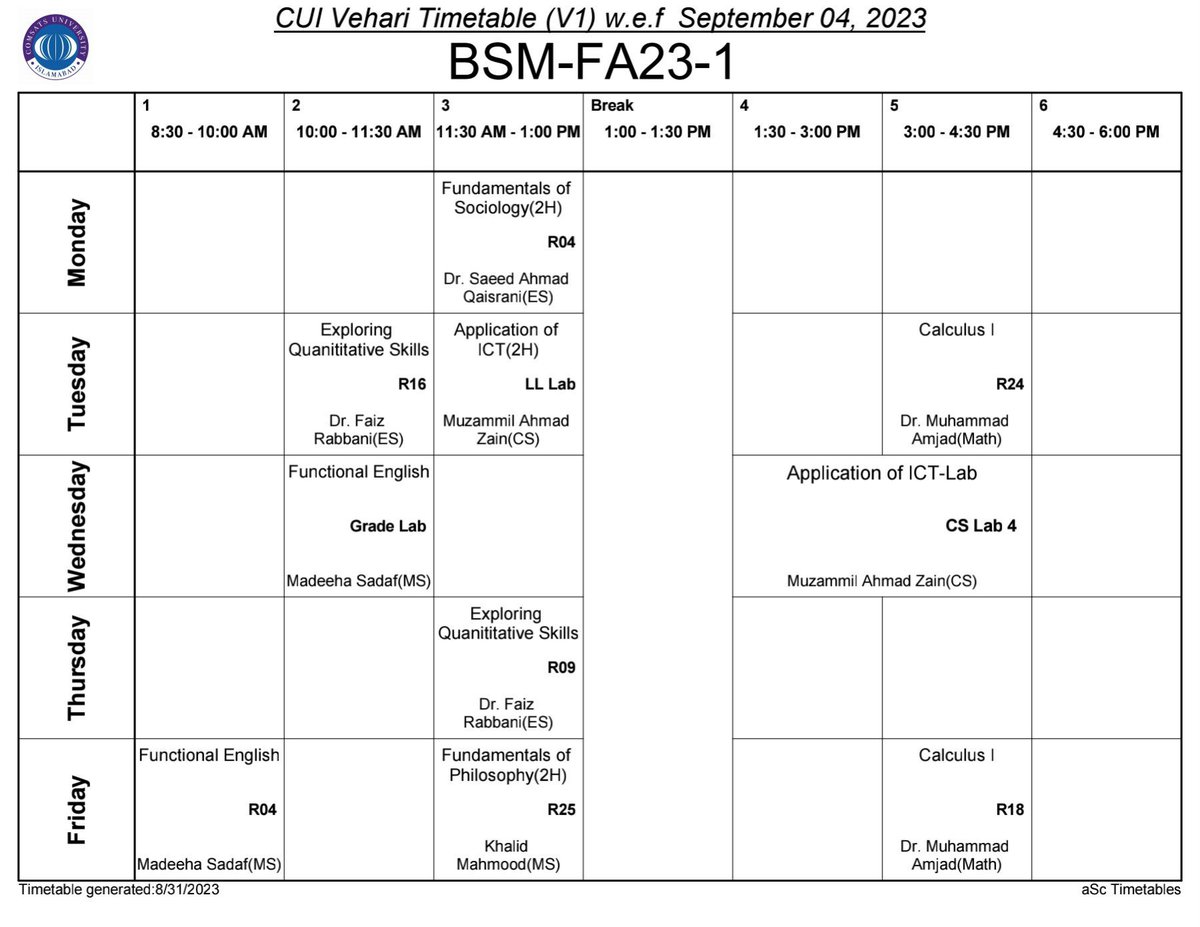 CUMathVhr's tweet photo. Timetable BS MATHEMATICS Fall 2023, Department of Mathematics, COMSATS University Islamabad, Vehari Campus https://t.co/jQa76wArMh