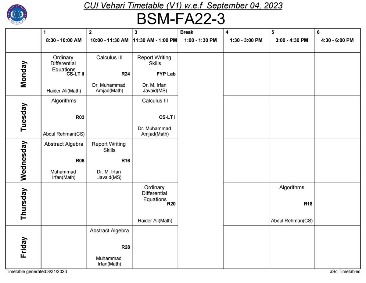 CUMathVhr's tweet photo. Timetable BS MATHEMATICS Fall 2023, Department of Mathematics, COMSATS University Islamabad, Vehari Campus https://t.co/jQa76wArMh