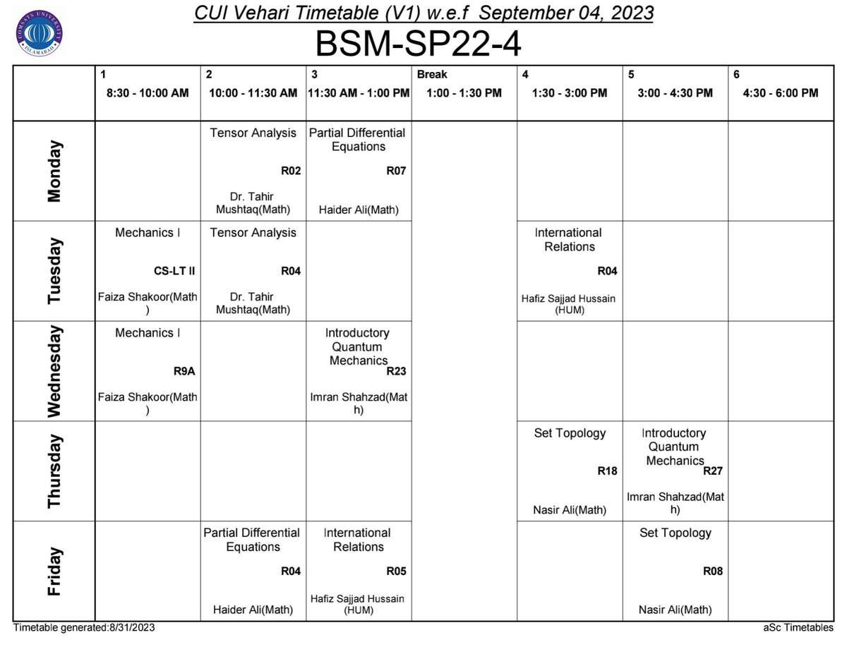CUMathVhr's tweet photo. Timetable BS MATHEMATICS Fall 2023, Department of Mathematics, COMSATS University Islamabad, Vehari Campus https://t.co/jQa76wArMh