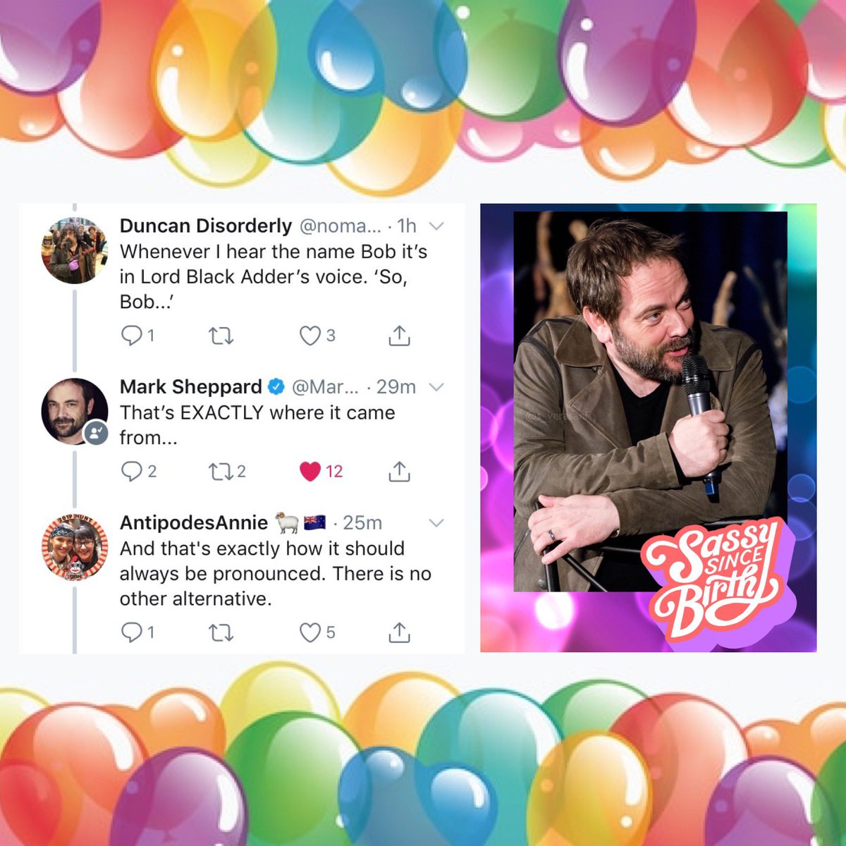 AnnRosenstein's tweet photo. If you’re ever tempted to bug @Mark_Sheppard to answer a question, think who you’re dealing with. 😎 #BobProblems #LessonsWereLearned

https://t.co/13LJz8bKBn

"What's your name?"
"Kate."
"Isn't that a bit of a girl's name?"
"Oh it's short for, er Bob."

#MarkSheppard #BobPatrol https://t.co/qEZoUlppOu
