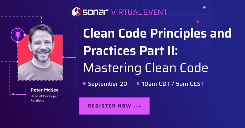 SonarSource's tweet photo. In a rapidly evolving digital landscape, the key to thriving is Clean Code. Join @pmckee as he delves even deeper into the realm of Clean Code practices - don't miss this opportunity to elevate your development game!