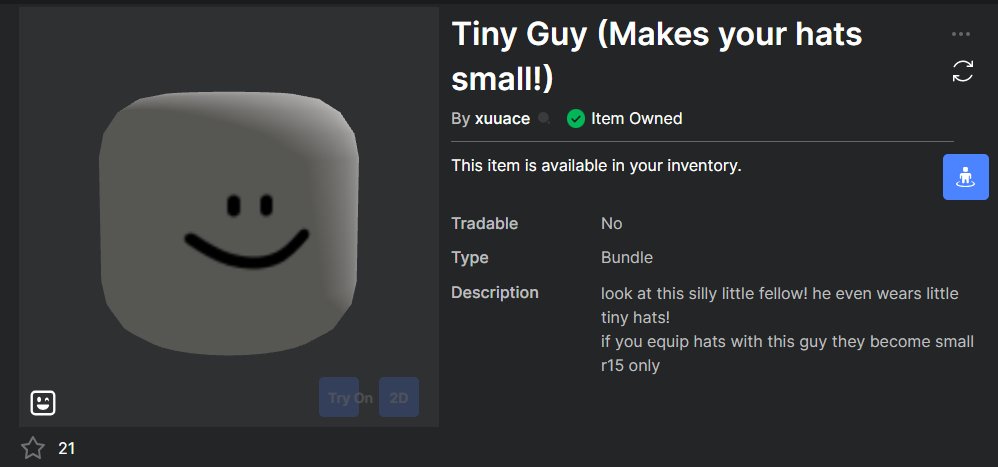 FreeUGCBundle's tweet photo. Get the new "Tiny Guy (Makes your hats small!)" Bundle for Free!
Limited Time: Unknown
https://t.co/M3bDLGLyIw
#FreeRobloxUGC #RobloxUGC #FreeUGC #FreeBundles #FreeBundle #UGC https://t.co/2zeUgrDgIV