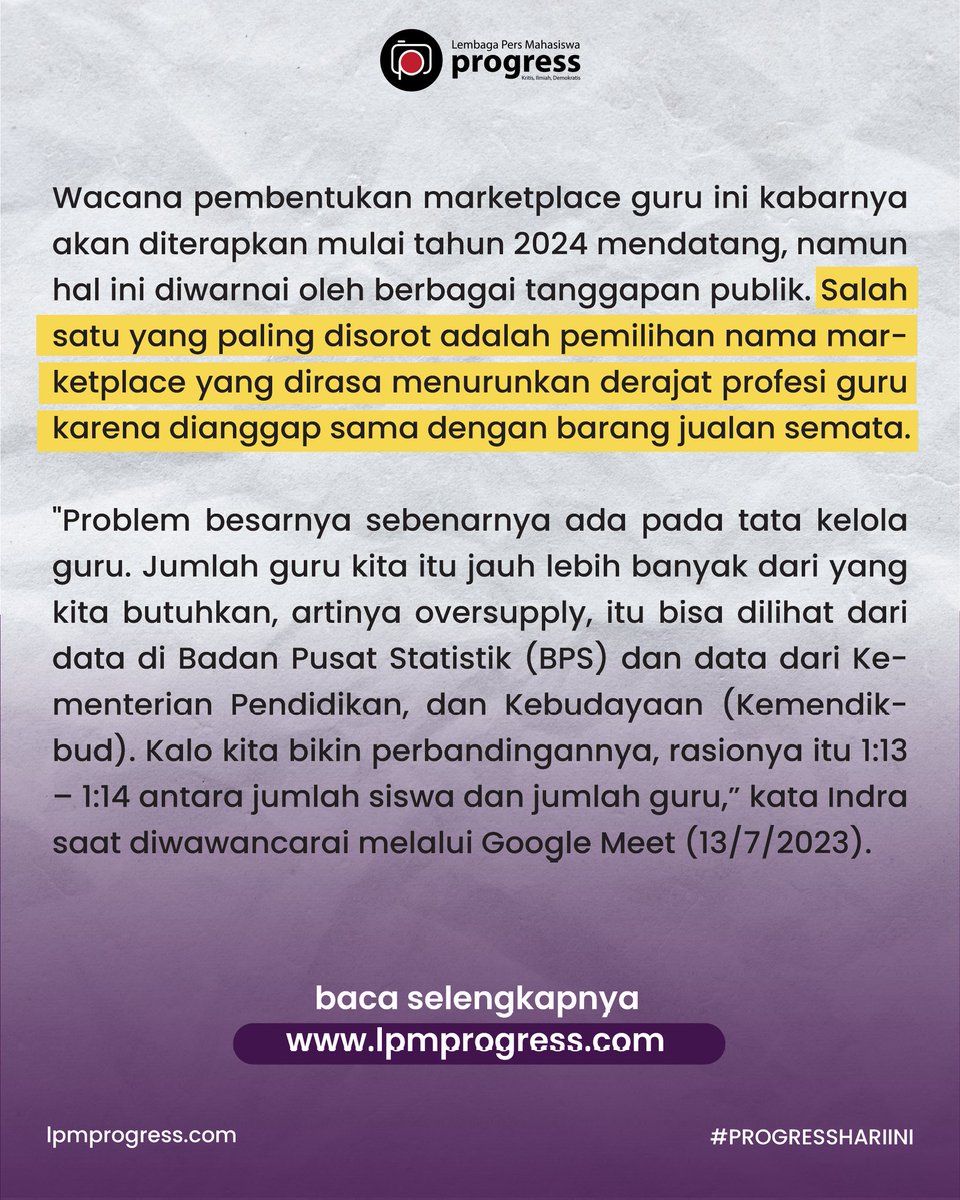 [LIPUTAN UTAMA]

Wacana pembentukan marketplace guru telah disampaikan pada rapat bersama komisi X Dewan Perwakilan Rakyat Republik Indonesia (DPR RI).  Selengkapnya:lpmprogress.com/post/kehadiran…

LPM Progress 2023
Kritis, Ilmiah, Demokratis

#LPMProgress
#MarketplaceGuru
#LiputanUtama