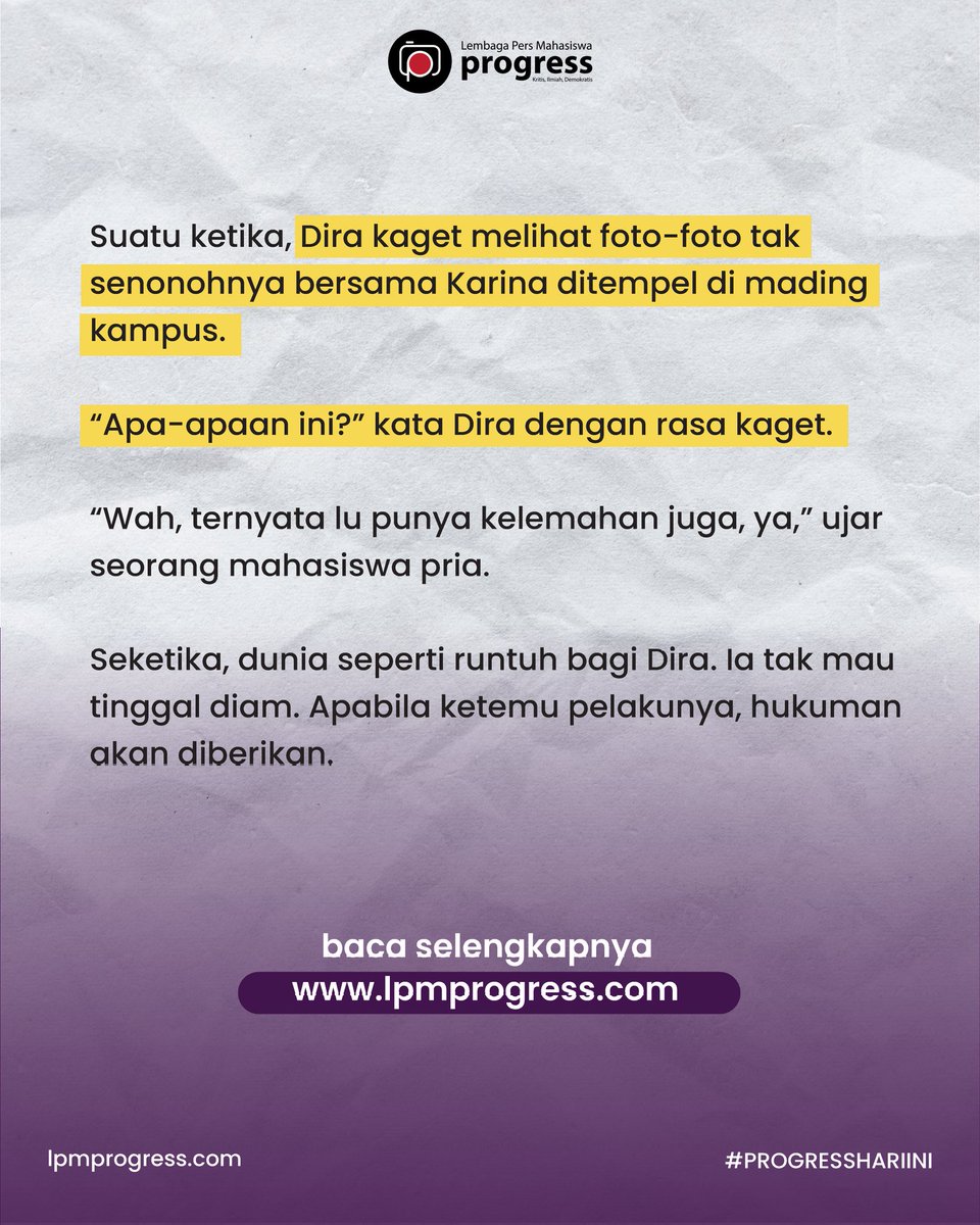 [CERPEN]

Hi, Sobat Progressif!

Weekend ini enaknya ngapain ya sobat? Kalau mimin biasanya spend time untuk membaca. Nah, mimin rekomendasiin  judul cerpen “Pelangi Berasap”. Langsung aja baca di link berikut ya
lpmprogress.com/post/pelangi-b… 

#LPMProgress
#Progress2023
#Cerpen