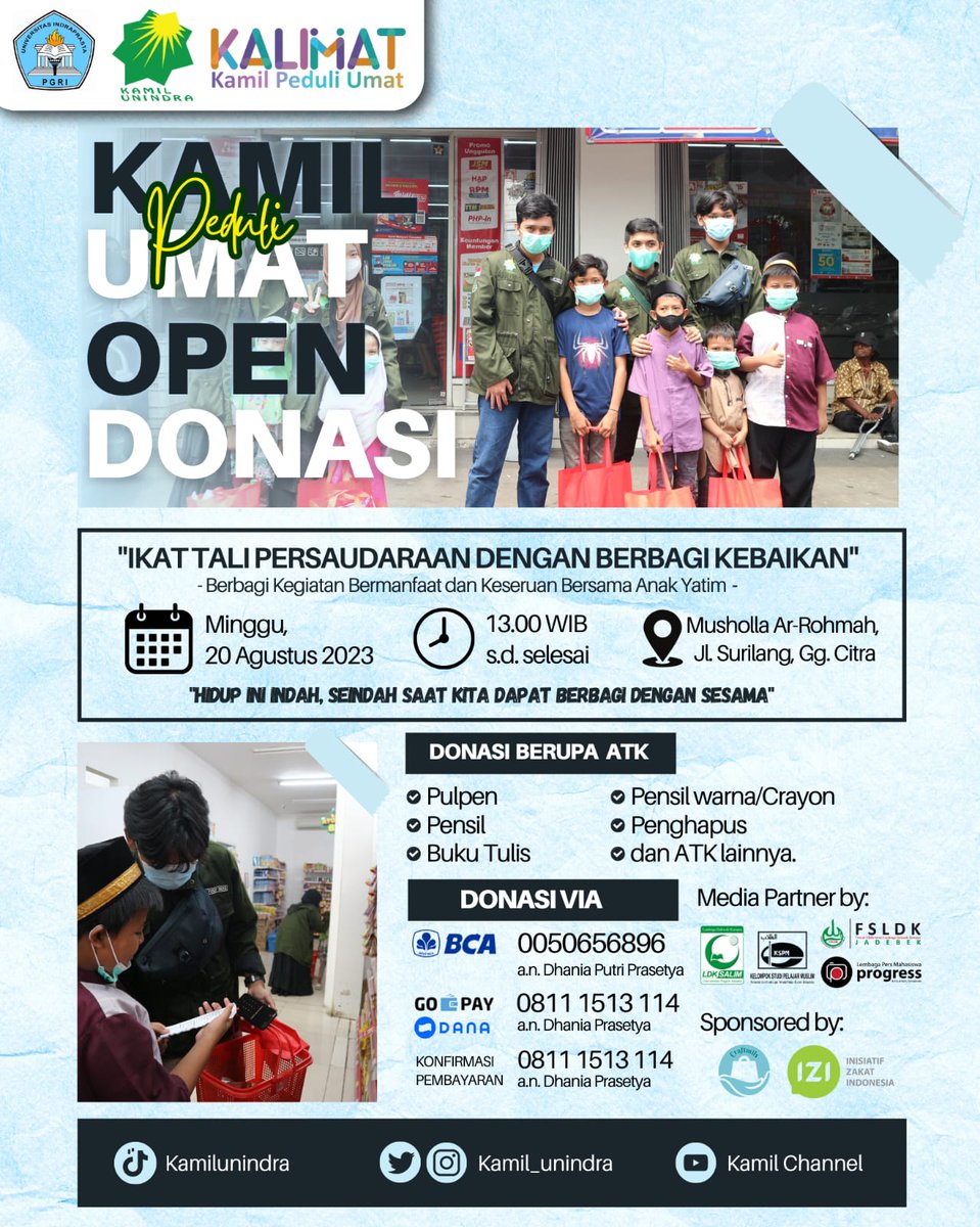 [MEDIA PARTNER]

Kegiatan "KALIMAT Kamil Peduli Umat" pada Minggu 20 Agustus 2023 kemarin telah sukses dilaksanakan. 

#Mediapartner
#mediapartnerprogress