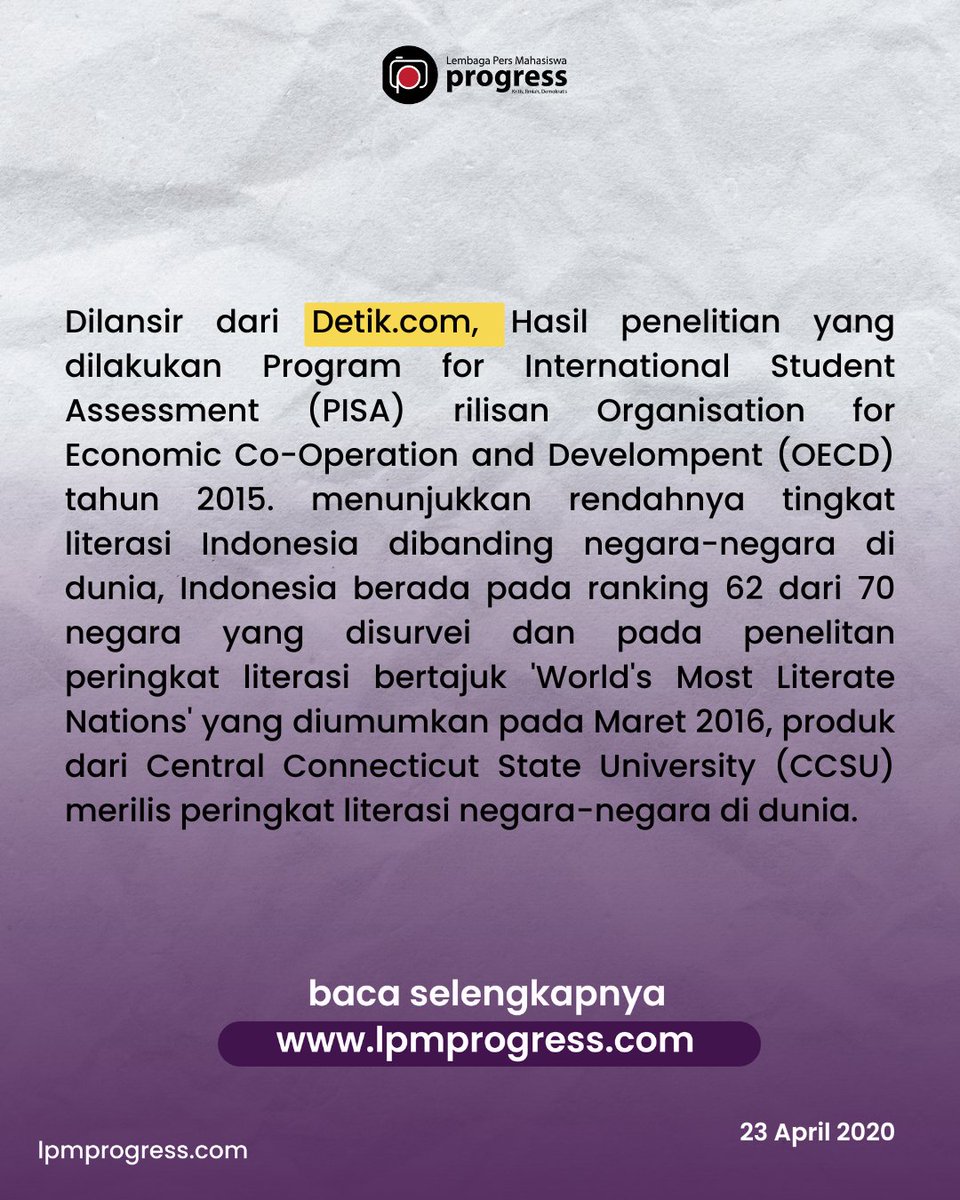 [PROGRESS ARCHIVE]

Hi Sobat Progressif!

Kalian tau nggak si kalau tingkat literasi di Indonesia tergolong rendah di banding dengan negara-negara lainnya, Yuk coba baca Progress archive berikut apa benar literasi di Indonesia tergolong rendah?
lpmprogress.com/post/literasi-…