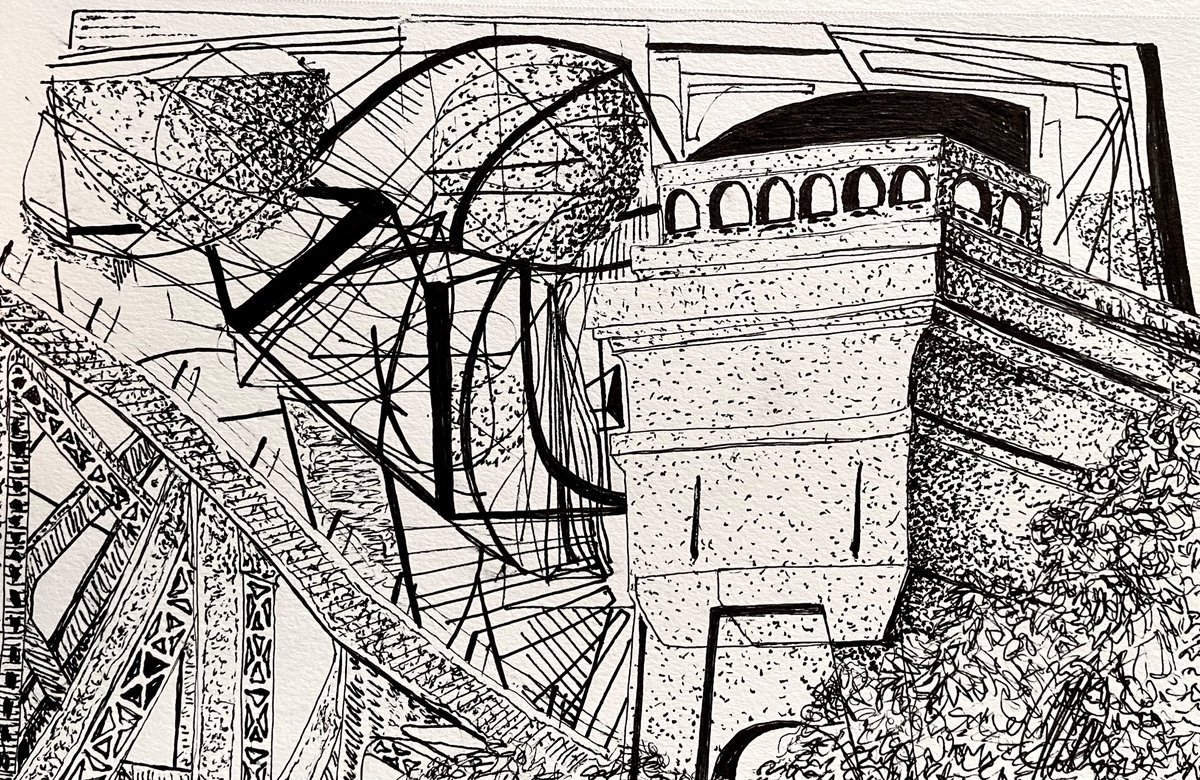 macosullivanart's tweet photo. Hell Gate Bridge (5.5x8.5 inches, pen drawing) - Summer 2023 https://t.co/flMujohQjy
