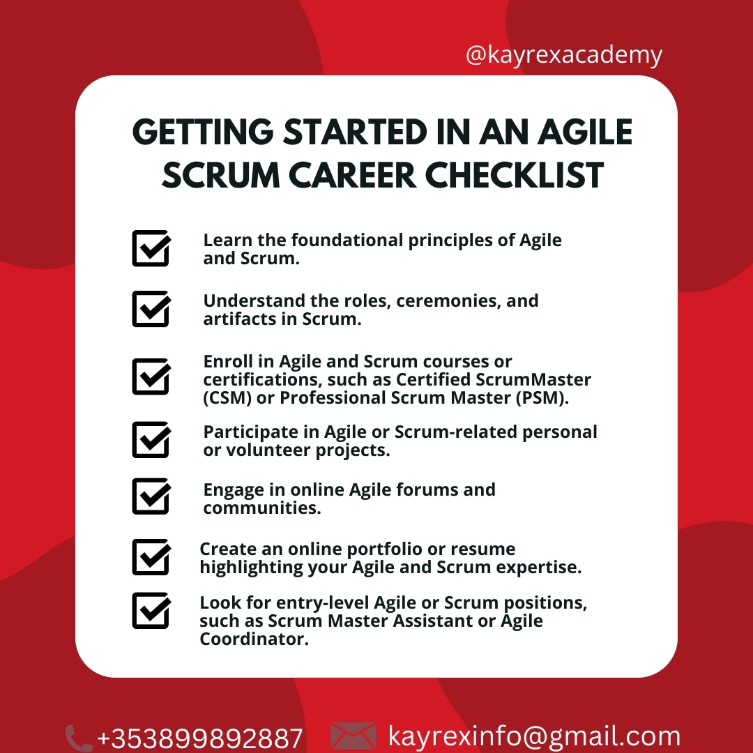 Starting an Agile Scrum career involves several key steps. Here's a checklist to guide you through the process.
Use this checklist as a roadmap to help you navigate the steps required to build a successful career in Agile Scrum.

#agilescrum #scrummaster #agilescrummaster