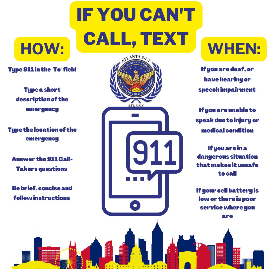 City of Atlanta E-911 Encourages All to Be Safe This Busy Holiday Weekend: Call if You Can, Text if You Can't

#teamatl911
#itallbeginswith911
#onesafecity