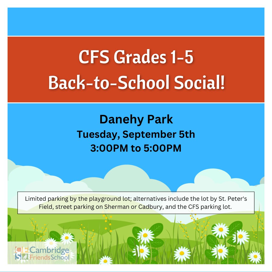 CFStweets's tweet image. There's no social like Cambridge Friends social cause a Cambridge Friends social won't stop! Grades 1-5 families, come have some fun at Denehy Park on Tuesday, September 5th! 

#CFS #Cambridge #Friends  #School

Like and subscribe for more Cambridge Friends School updates!