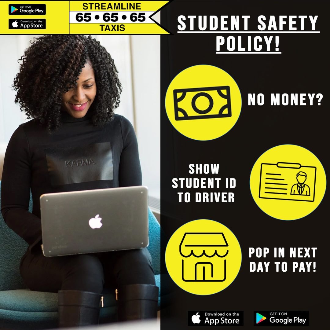 If you don’t have any money to pay the fare, Streamline will pick you up (just show your student card) and take you home. You can then come into our office to pay the fare the following day.

📲Download our app onelink.to/v7779w
📞01904 656565
💻streamlinetaxisyork.co.uk #ad