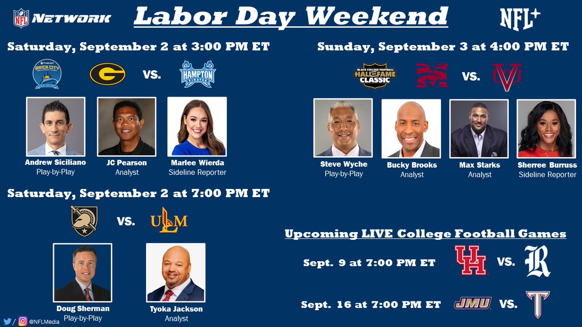 3 LIVE college football games on @nflnetwork & @NFL+ starting TODAY TODAY at 3p ET -- @GSUFootball01 vs. @Hampton_FB TONIGHT at 7p ET -- @ArmyWP_Football vs. @ULM_FB Sun. at 4p ET -- @MorehouseFB vs. @VUU_Football