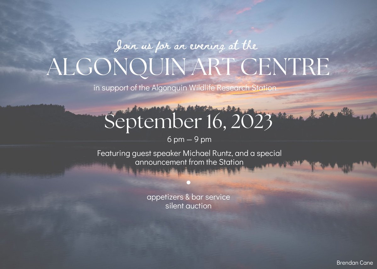 Algonquin Wildlife Research Station (@algonquinwrs) on Twitter photo Join us for a celebration <a href="/AlgonquinArt/">Algonquin Art Centre</a> on Sept. 16th!
The evening features guest speaker Michael Runtz, a silent auction, appetizers by <a href="/BartlettLodge/">Bartlett Lodge</a> and bar service.
Limited tickets available until Sept. 10th: shorturl.at/rwDH3 Join us for a celebration <a href="/AlgonquinArt/">Algonquin Art Centre</a> on Sept. 16th!
The evening features guest speaker Michael Runtz, a silent auction, appetizers by <a href="/BartlettLodge/">Bartlett Lodge</a> and bar service.
Limited tickets available until Sept. 10th: shorturl.at/rwDH3