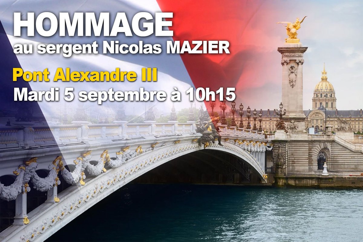 Gouv_mili_Paris's tweet photo. Je vous invite à venir nombreux pour rendre un dernier hommage au sergent Nicolas MAZIER, par une présence digne et silencieuse lors du passage du cortège funèbre. 

Nos pensées vont vers ses proches et ses frères d’armes du Commando parachutiste de l’air nº 10 d’Orléans. https://t.co/j79K5yn9QE