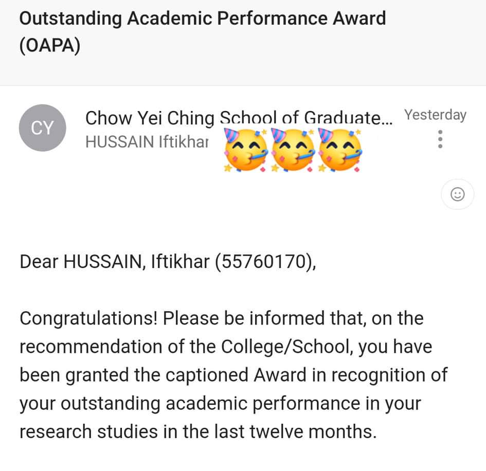 Happy to receive the Outstanding Academic Performance Award in Research. This is the 11th award/Prize I received in my PhD.

#PhD #research #award #phdvoice #phdforum #phdstudent #postdoc #AcademicChatter #AcademicChatter