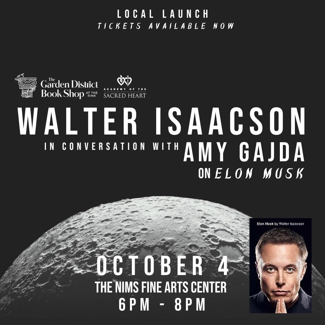 Local launch. Don’t miss it. gardendistrictbookshop.com/book/978198218… <a href="/WalterIsaacson/">Walter Isaacson</a>