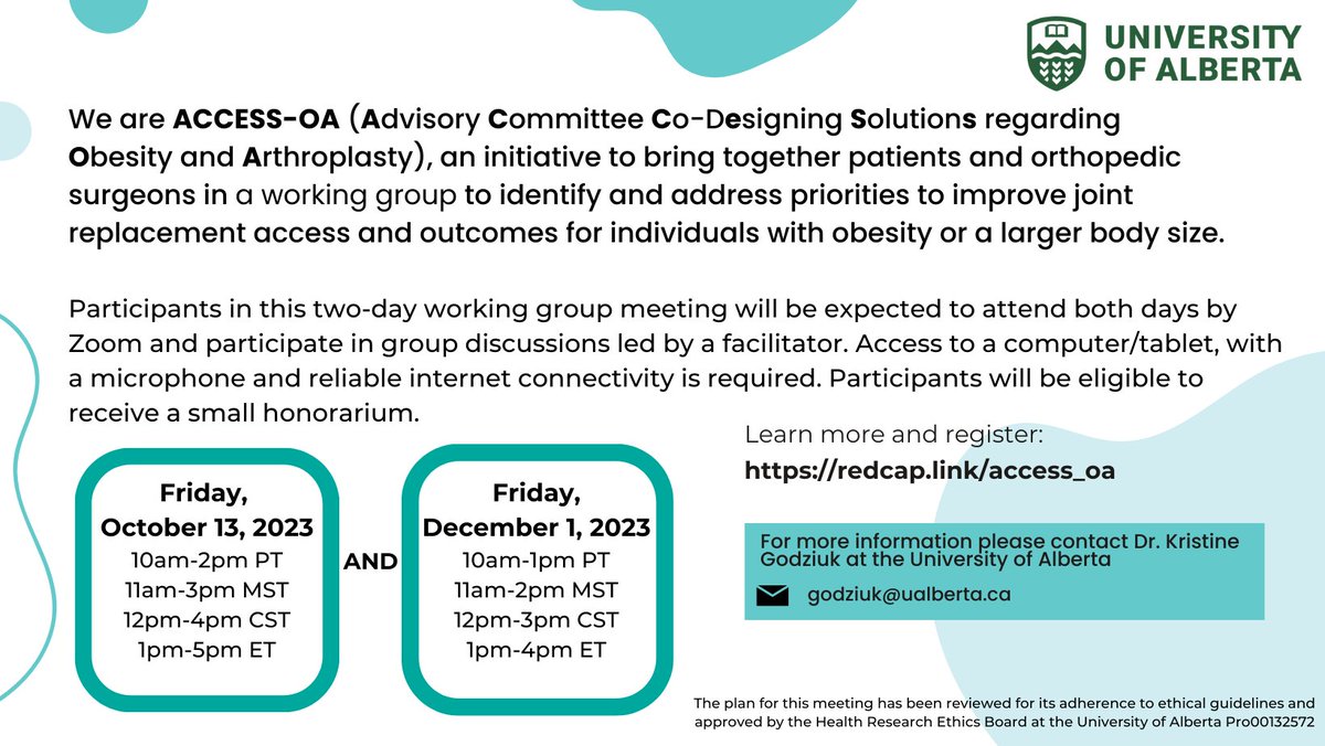 Exciting new project called ACCESS-OA. A working group to discuss and improve access and treatment experiences in joint replacement for people with obesity Please share this invite for patients to participate! @ArthritisSoc @ObesityCan @CIHR_IMHA @UAlberta