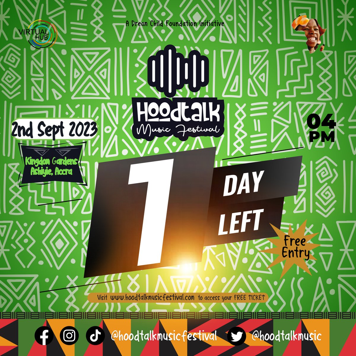 Its finally Here. Joins us tomorrow to dance the stress of the week away and support @DreamChildFoundation <a href="/virtualhubgh/">Virtual Hub GH</a> in building five Pediatric Clinics in Ghana. #supporttheafricanchild #hoodtalkmusicfestival #healthiswealth