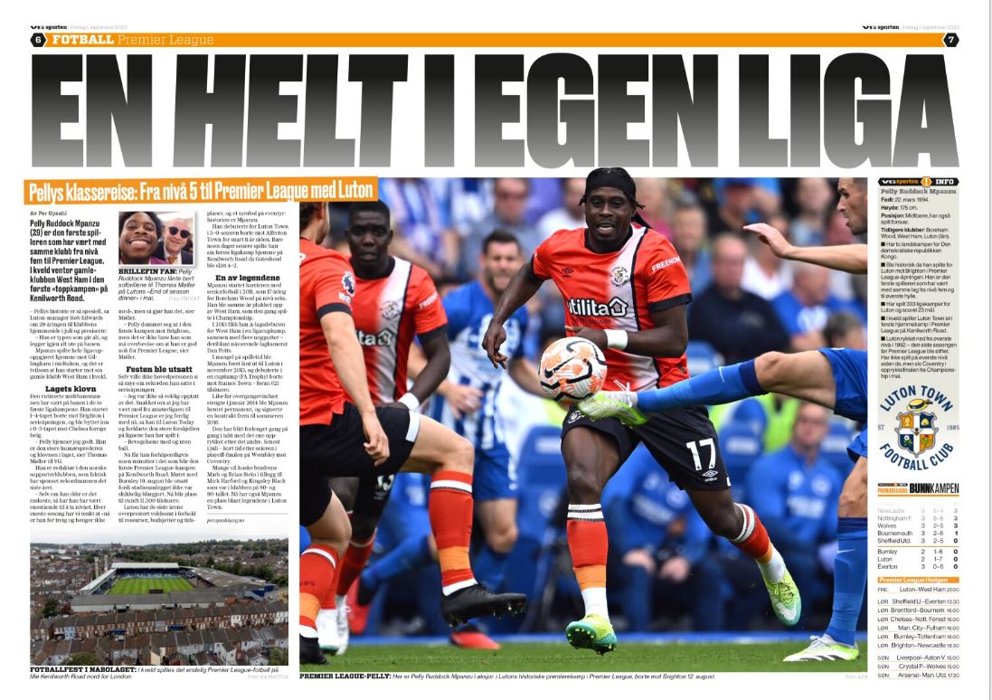 Pelly featured over two pages in Norway's biggest Tabloid today. Translated title: «Hero in a League of his own». #LutonTownFC #COYH #ScandinavianHatters