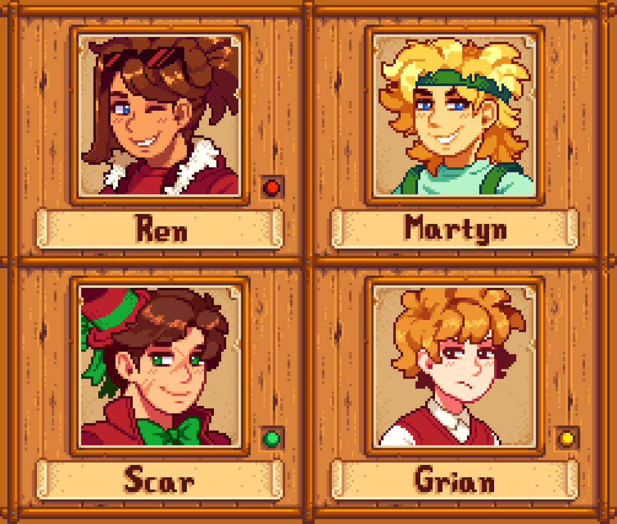 My friends Froag and Beans made a Stardew Valley AU so I wanted to make these fake portraits ^-^

[#rendogfanart #itlwart #gtwscarfanart #grianfanart #traffictwt]