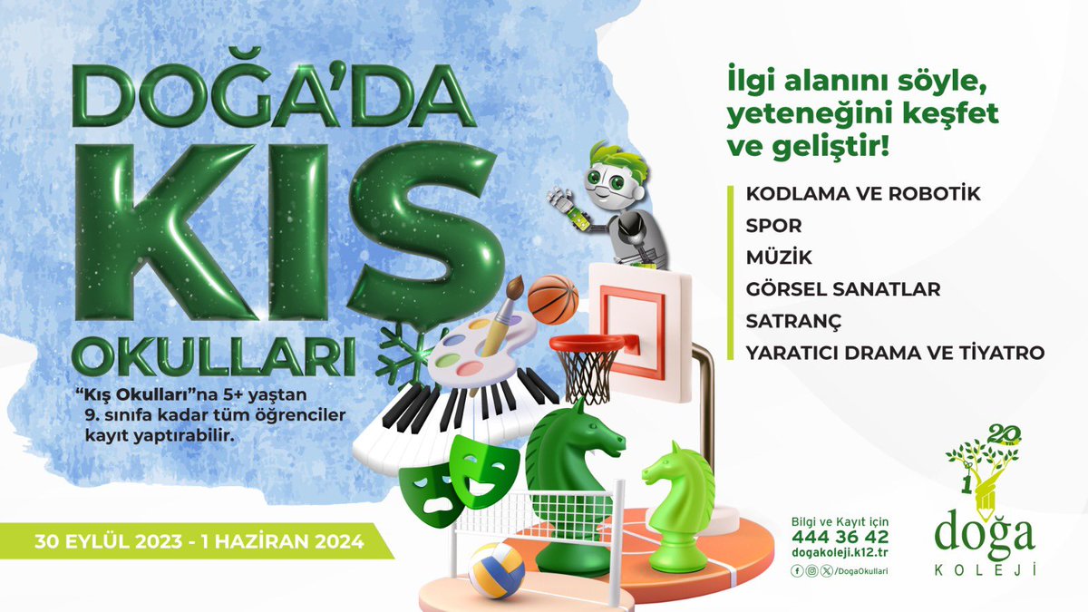 #DoğadaKışOkulları; kodlama ve robotikten spora, müzikten görsel sanatlara, satrançtan yaratıcı drama ve tiyatroya kadar çok yönlü ve güçlü bir müfredatla 30 Eylül’de başlıyor. Bilgi ve kayıt için; dogakoleji.k12.tr/basvurular/kis…