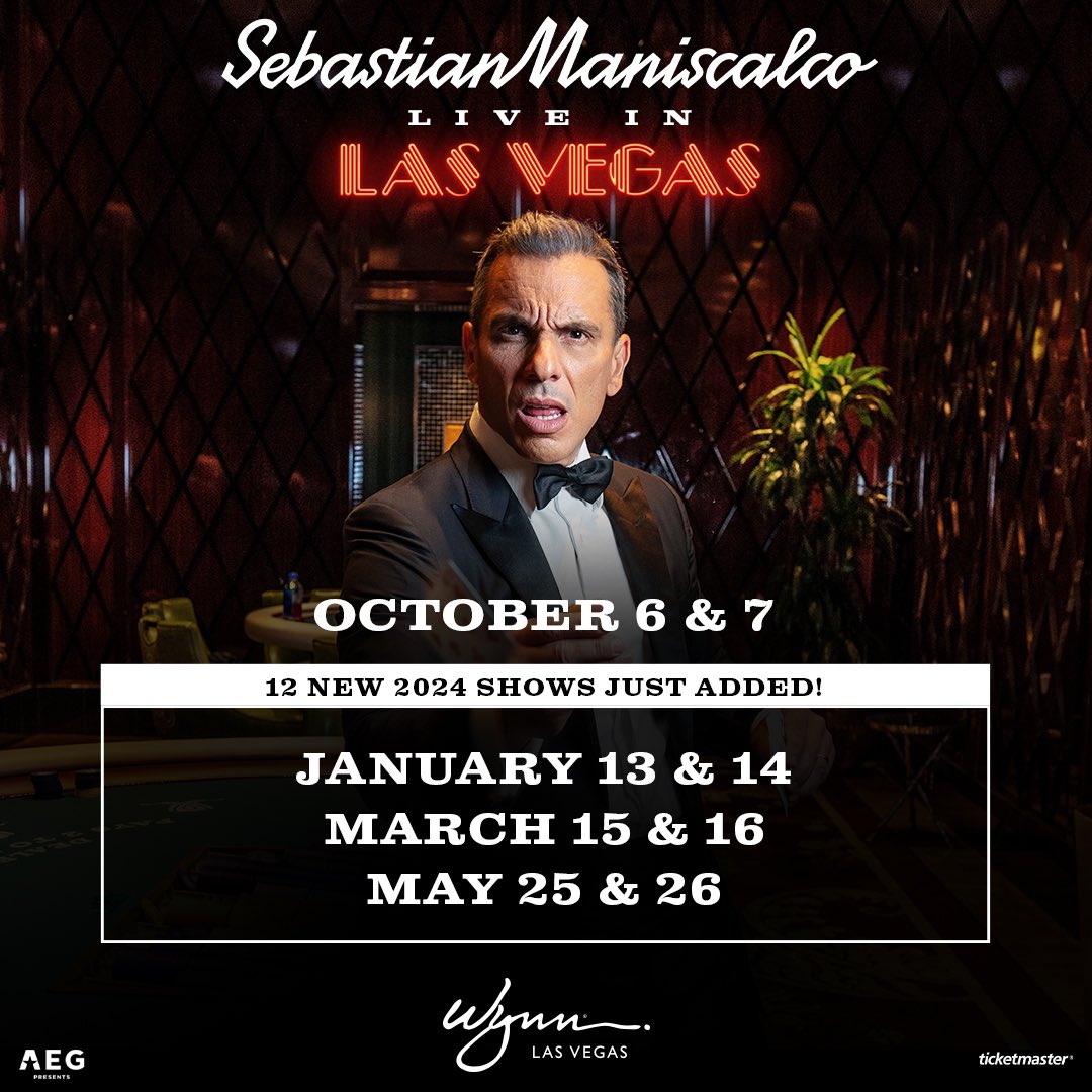 Sebastian Maniscalco (@sebastiancomedy) on Twitter photo All Live in Las Vegas shows are now on sale! See you at the <a href="/WynnLasVegas/">Wynn Las Vegas</a> in 2024!
Get your tickets now at sebastianlive.com/#tour All Live in Las Vegas shows are now on sale! See you at the <a href="/WynnLasVegas/">Wynn Las Vegas</a> in 2024!
Get your tickets now at sebastianlive.com/#tour
