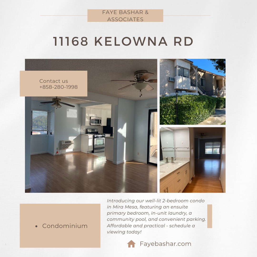 bashar_faye's tweet image. 🏡 Welcome to our cozy Mira Mesa condo! ✨ This 2-bedroom gem boasts an ensuite primary bedroom, in-unit laundry, a refreshing community pool, and easy parking. Affordable and ready for you - book your viewing today! 📆🔑 #MiraMesaLiving #AffordableComfort #CondoLife