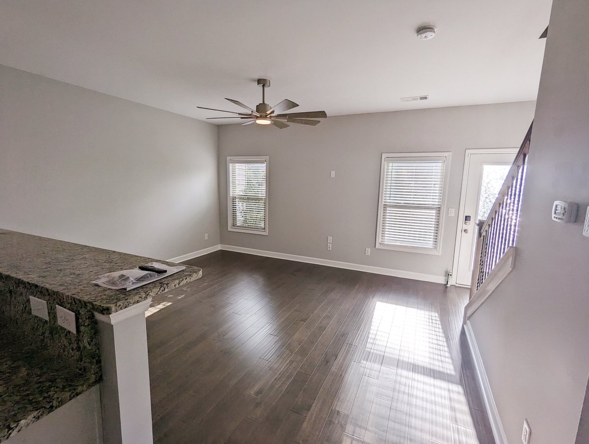 bluechiprestore's tweet photo. A before, during &amp; after of a living room damaged from a water line that wasn’t properly capped. We dried the area, replaced some water-logged ductwork, replaced the drywall &amp; flooring &amp; painted. We’ll show more of the work we did at this home over the next few weeks. #nashville https://t.co/LvA10WKQYw