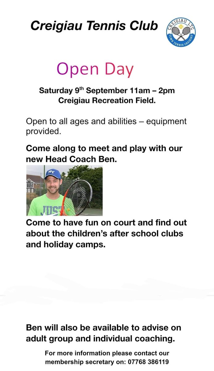Open day with new Head Coach Ben on Saturday 9th September. All welcome!