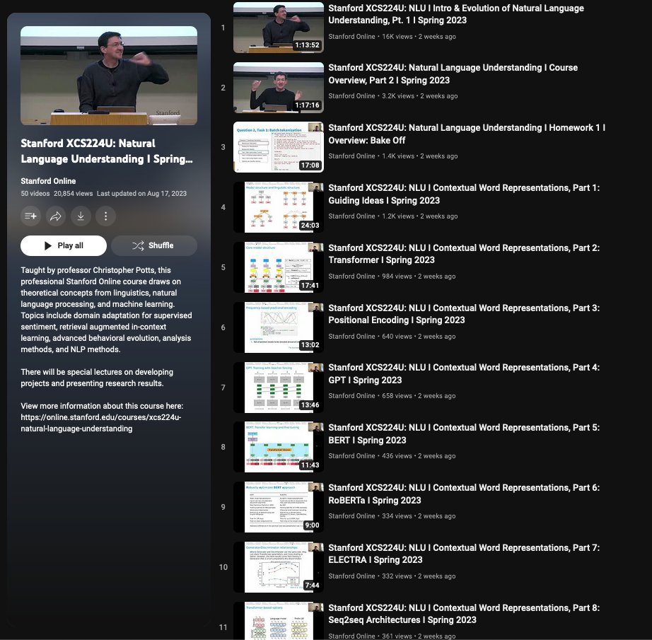 Jeande_d's tweet photo. Stanford XCS224U: Natural Language Understanding, 2023

Excellent lectures on natural language understanding. The course covers a wide range of topics including domain adaptation for supervised sentiment, retrieval augmented in-context learning, NLP techniques/methods, etc...

Lecture videos: https://t.co/llYzdFR5MP

GitHub: https://t.co/5eDDCcMmwv

Website: https://t.co/PsOGr4onX6